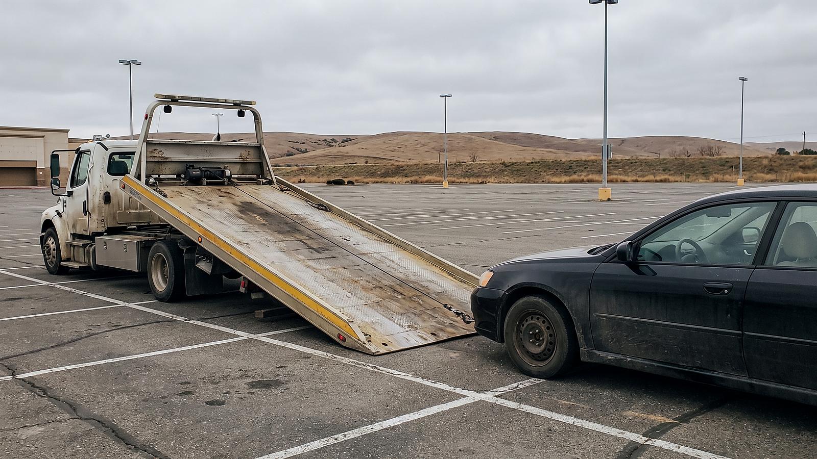 A flatbed tow truck with its ramp down in a parking lot beside a low sedan, dry hills on the horizon