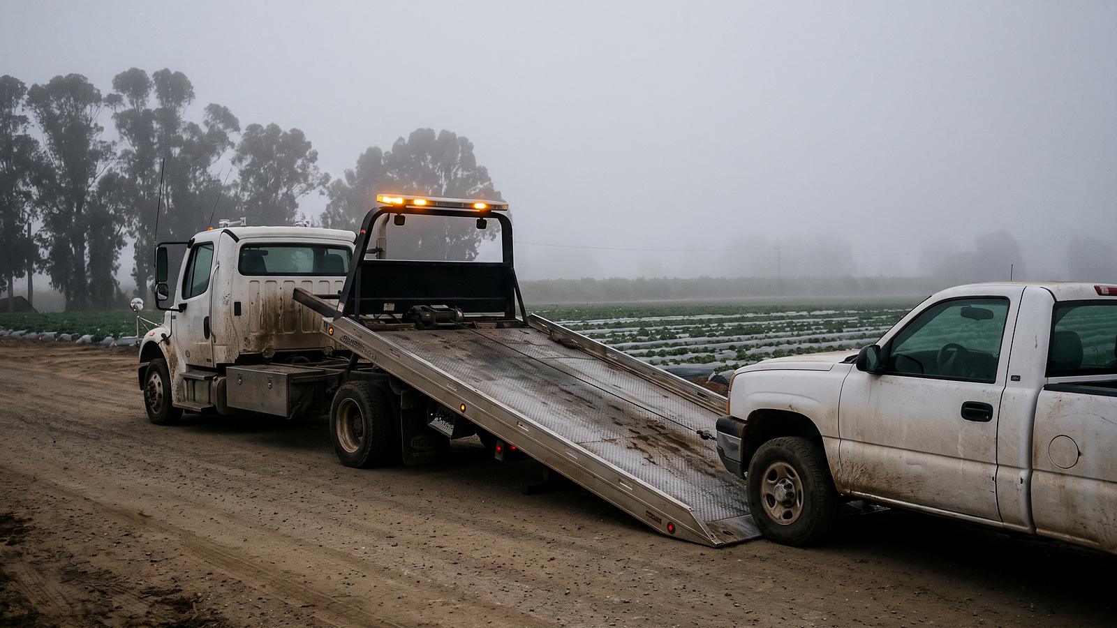 A flatbed tow truck with its bed tilted beside a work pickup on a foggy morning, farm fields behind